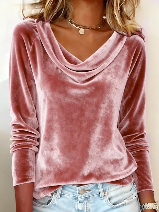 Vintage Plain Cowl Neck Long Sleeve T-shirt