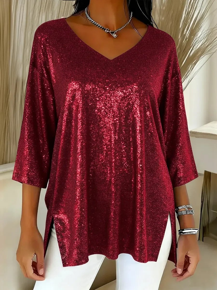 Elegant Plain V Neck Extra-long Sleeve T-shirt