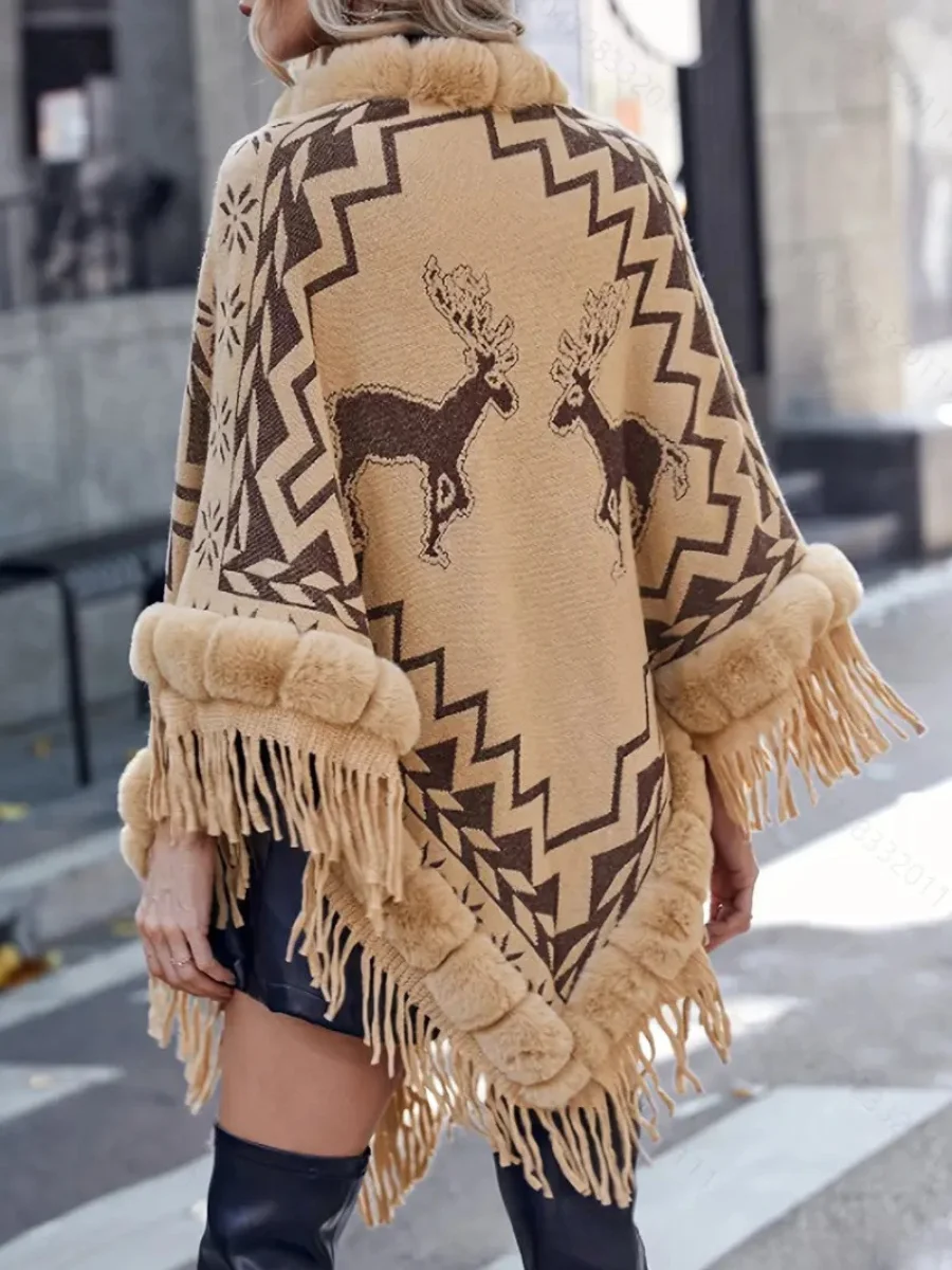 Boho Tassel Sleeves Acrylic Christmas Elk Cloak