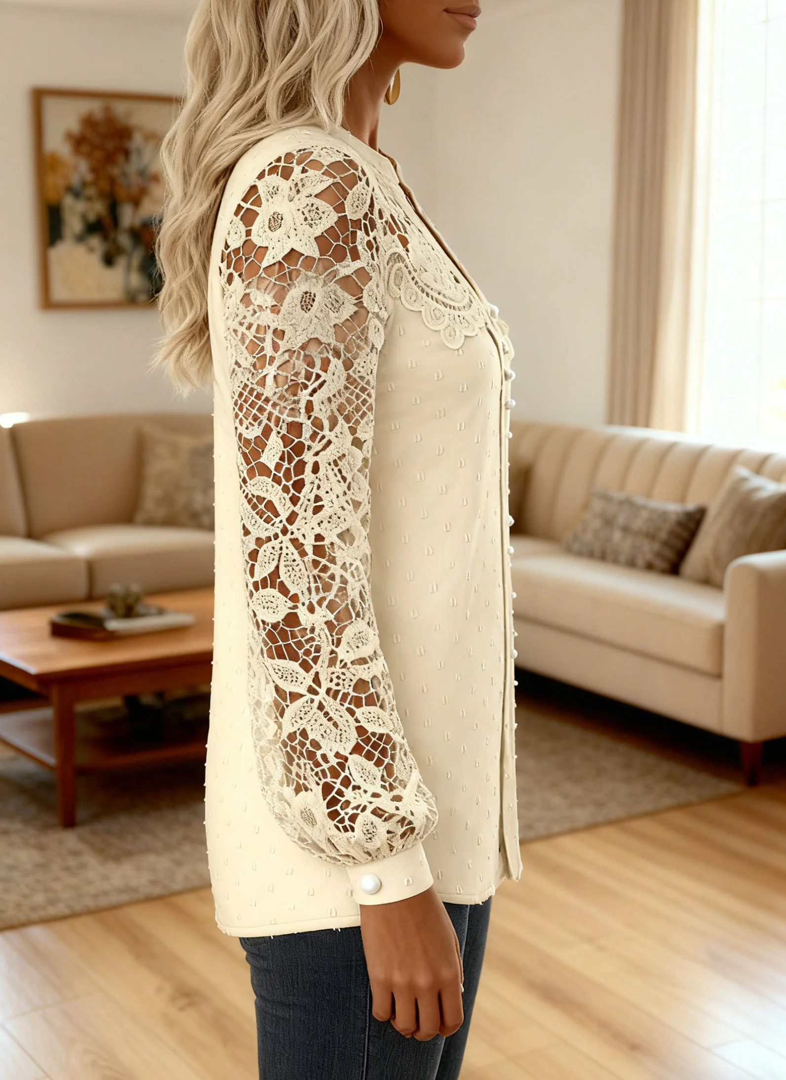 V Neck Long Sleeve Lace Regular Regular Fit Shirt For Women