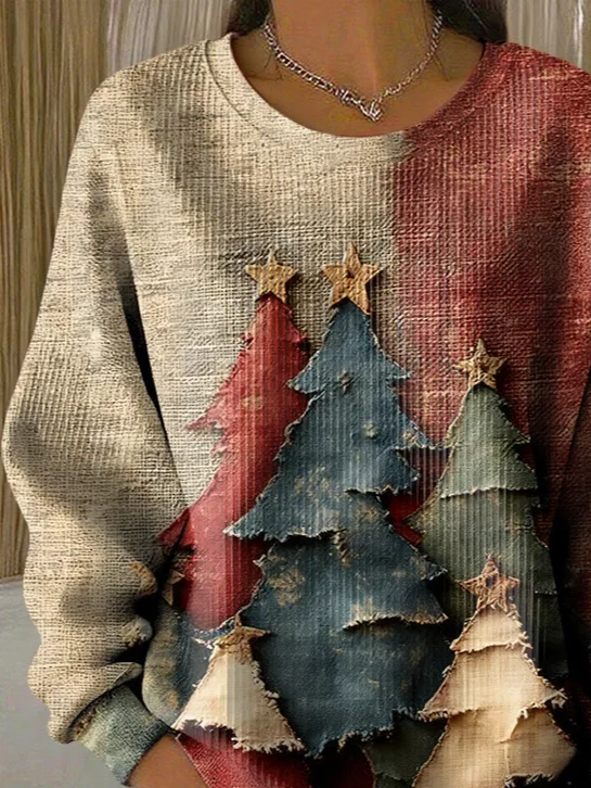 Casual Crew Neck Christmas Sweatshirt Printing