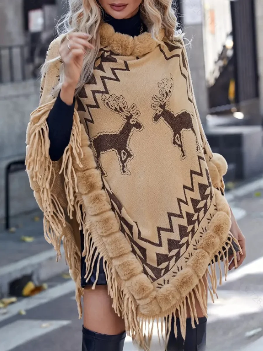 Boho Tassel Sleeves Acrylic Christmas Elk Cloak