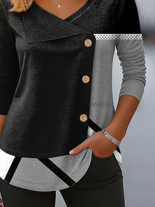 Casual Abstract V Neck Long Sleeve T-shirt