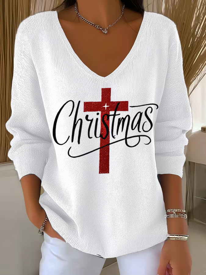 Casual Christmas V Neck Long Sleeve T-shirt