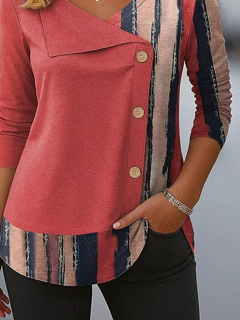 Casual Striped V Neck Long Sleeve T-shirt