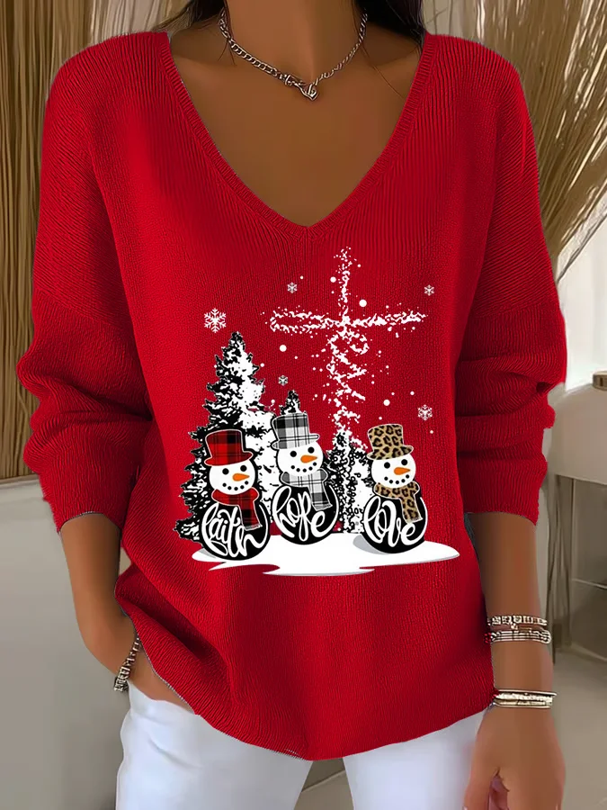Casual Christmas Snowman V Neck Long Sleeve T-shirt