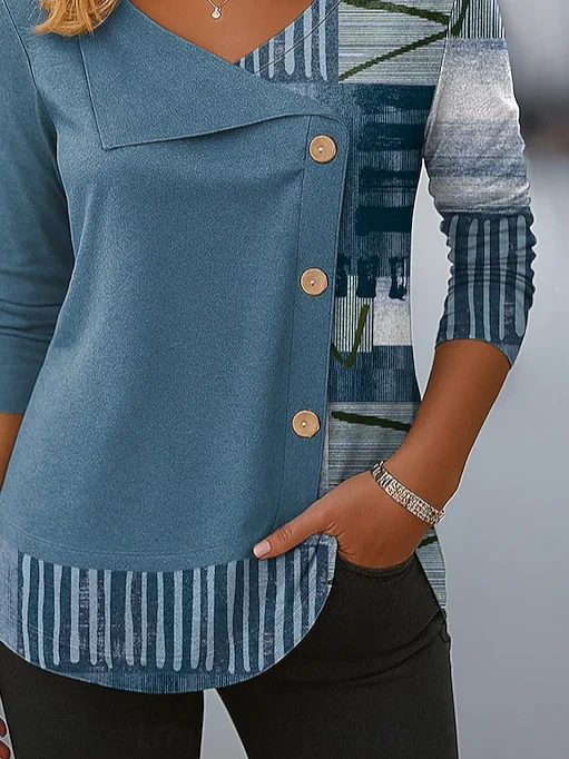 Casual Abstract V Neck Long Sleeve T-shirt