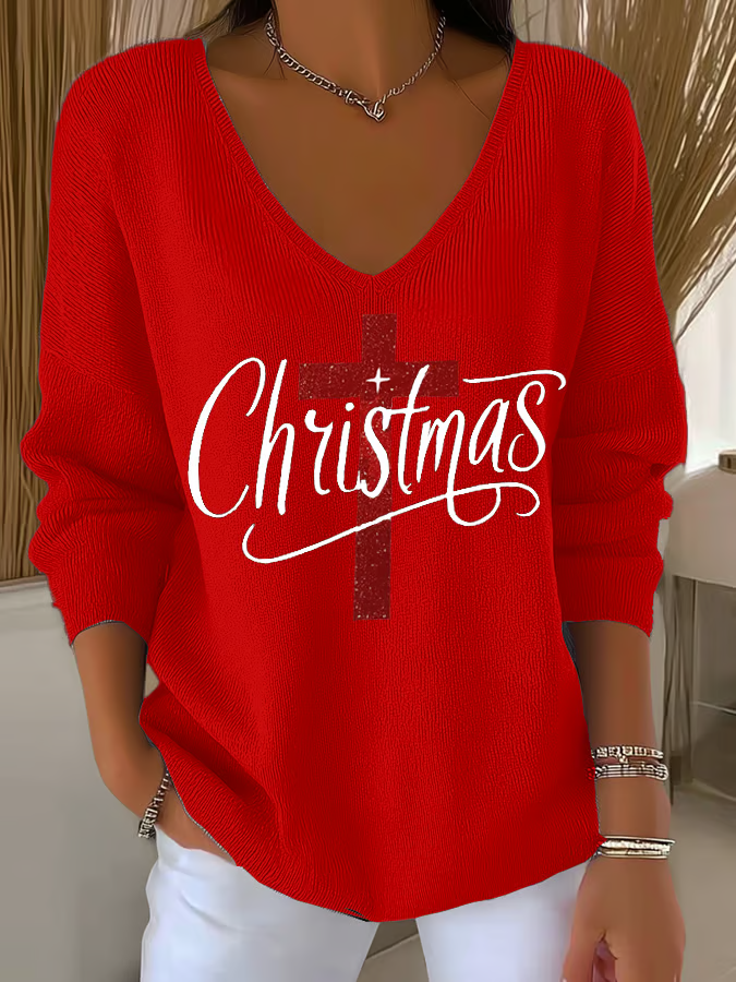 Casual Christmas V Neck Long Sleeve T-shirt