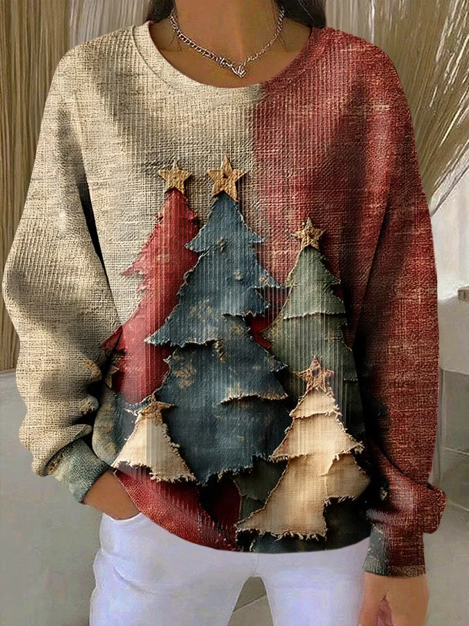 Casual Crew Neck Christmas Sweatshirt Printing