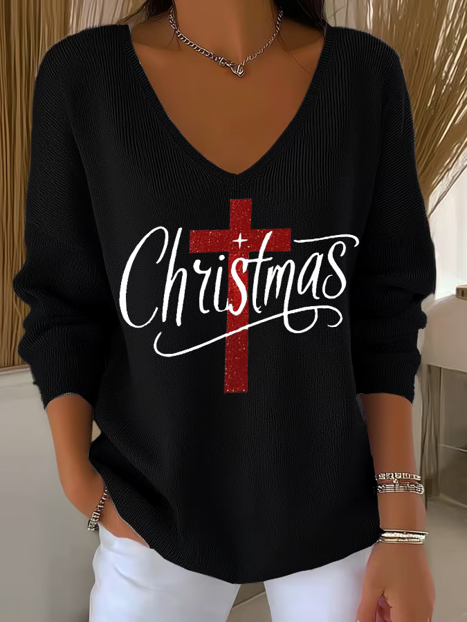 Casual Christmas V Neck Long Sleeve T-shirt