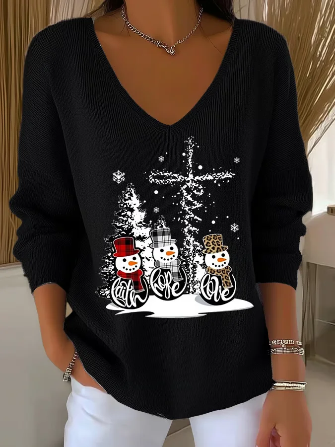Casual Christmas Snowman V Neck Long Sleeve T-shirt