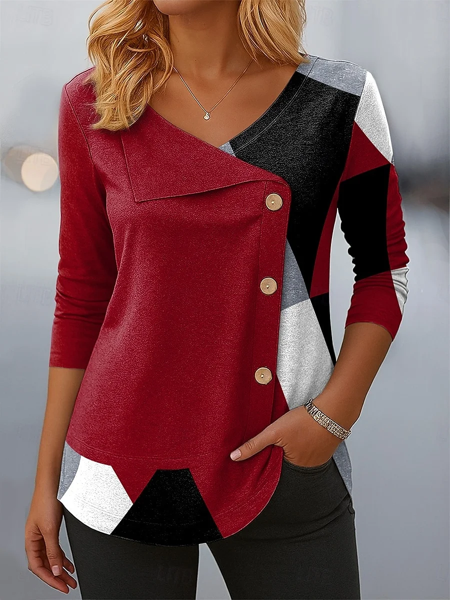 Casual Abstract V Neck Long Sleeve T-shirt