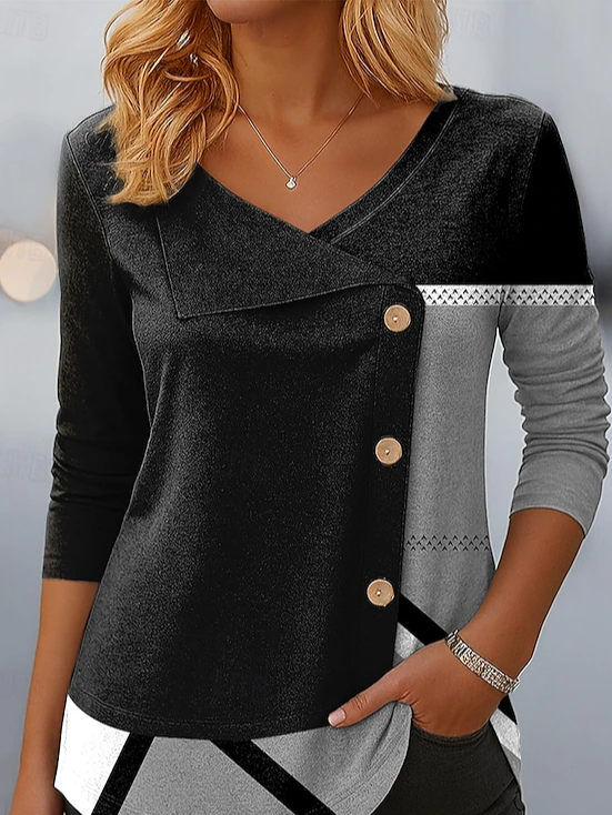 Casual Abstract V Neck Long Sleeve T-shirt