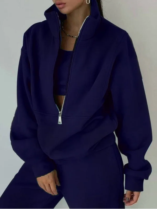 Women Plain Two-Piece Set Daily Long Sleeve Casual Spring/Fall Top With Pants Matching Set