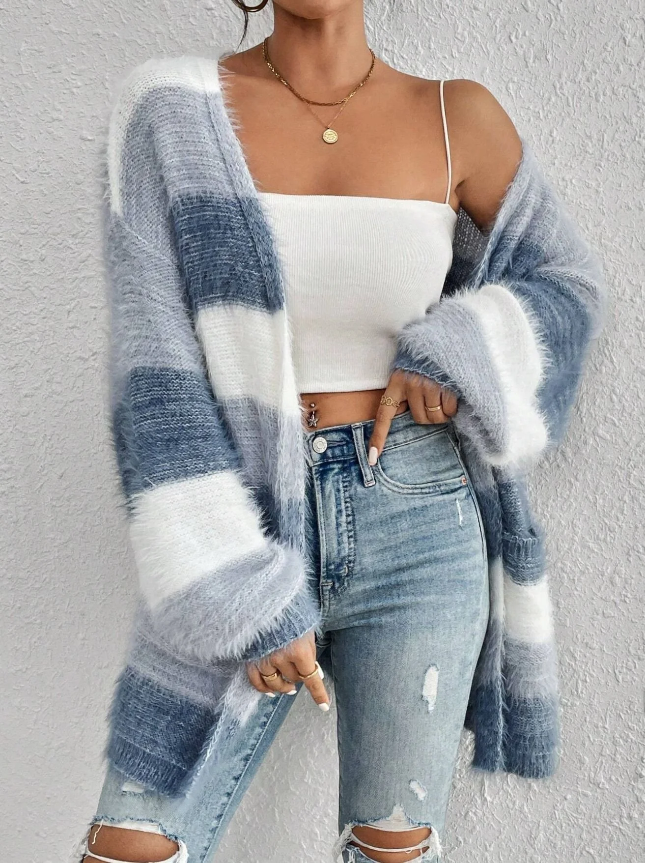 Women Nylon Striped Long Sleeve Comfy Casual Cardigan