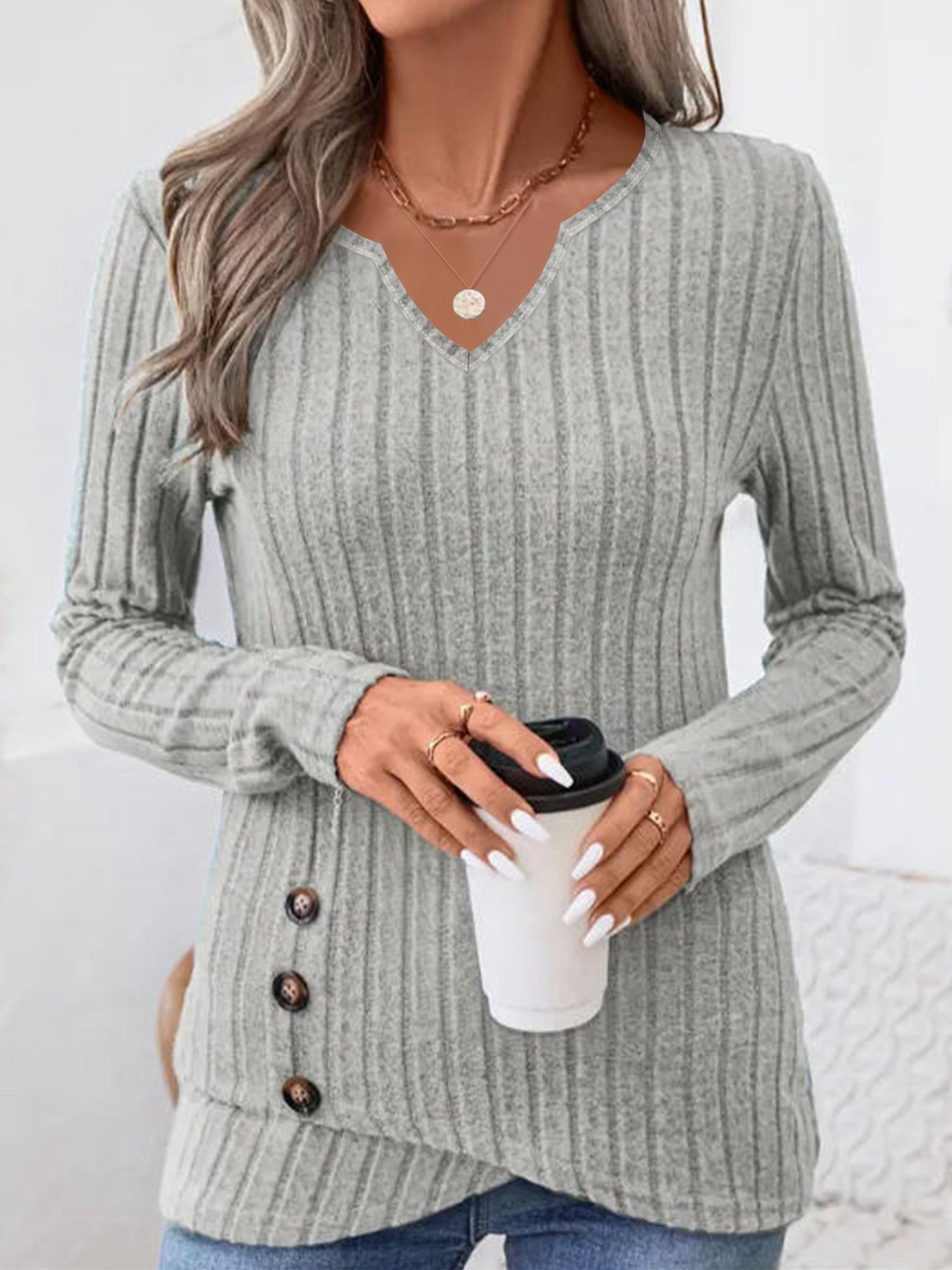 Elegant Plain V Neck Long Sleeve T-shirt