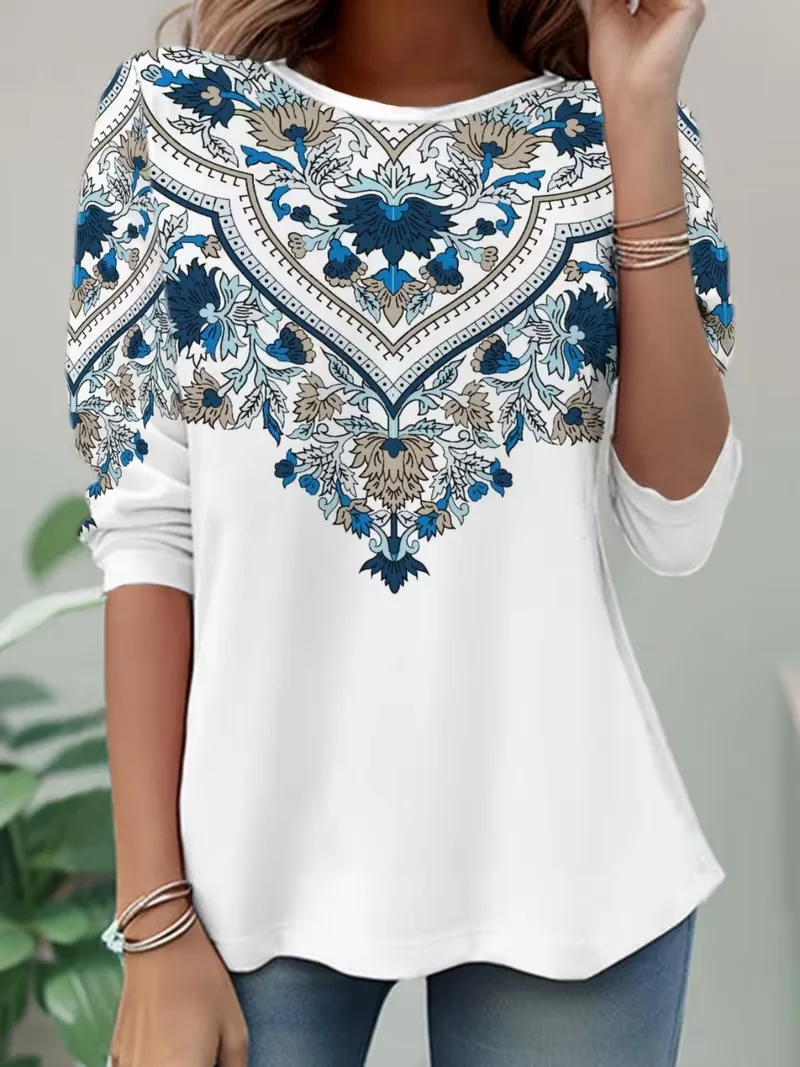 Casual Ethnic Crew Neck Long Sleeve T-shirt