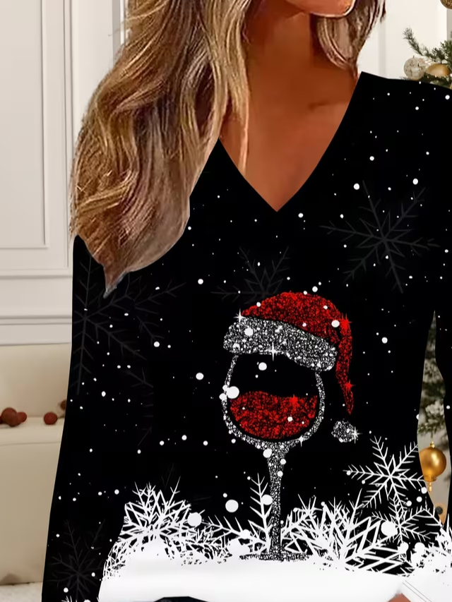 Casual Christmas V Neck Long Sleeve T-shirt