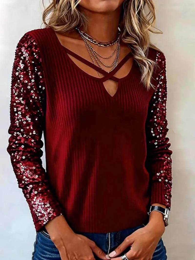 Vintage Plain V Neck Long Sleeve T-shirt