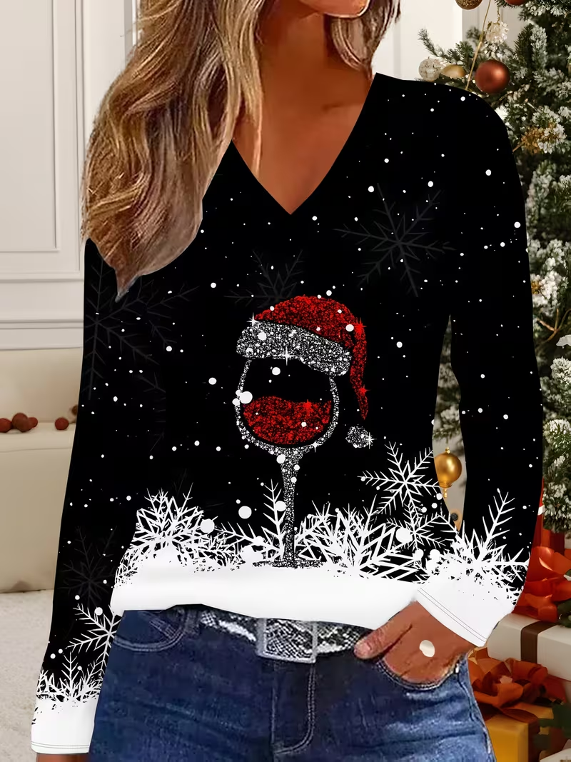 Casual Christmas V Neck Long Sleeve T-shirt