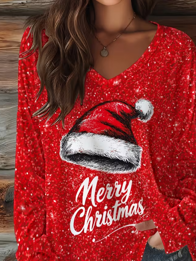Casual Christmas V Neck Long Sleeve T-shirt