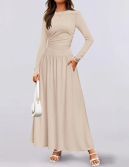 Women Plain Spring/Fall Dress Crew Neck Long Sleeve A-Line Dress