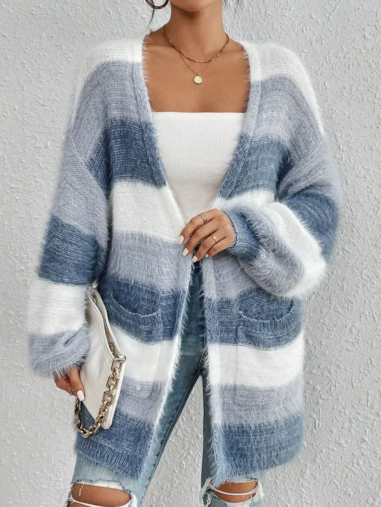 Women Nylon Striped Long Sleeve Comfy Casual Cardigan