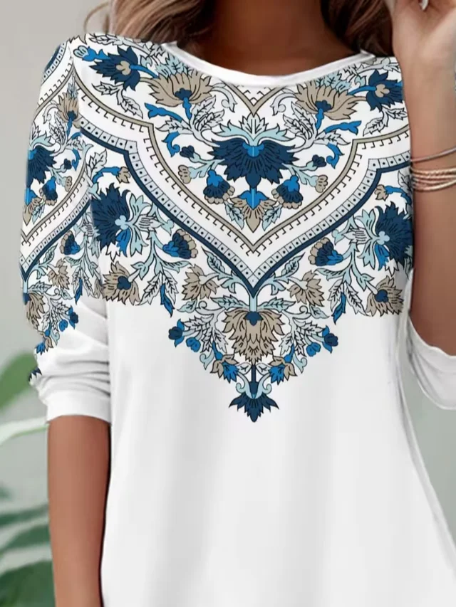 Casual Ethnic Crew Neck Long Sleeve T-shirt