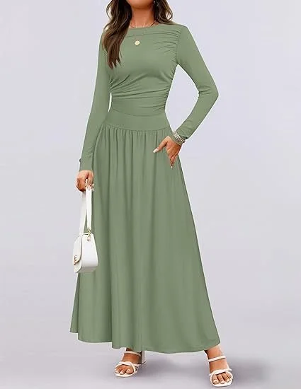 Women Plain Spring/Fall Dress Crew Neck Long Sleeve A-Line Dress