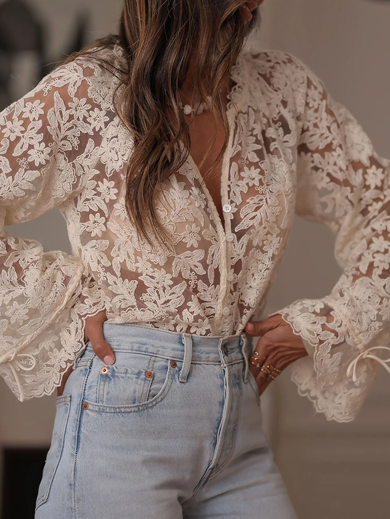 Long Sleeve Lace Lightweight Loose Blouse For Women