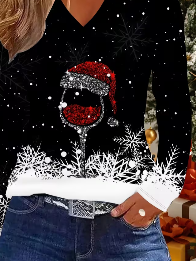 Casual Christmas V Neck Long Sleeve T-shirt