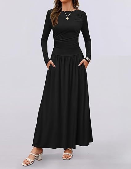Women Plain Spring/Fall Dress Crew Neck Long Sleeve A-Line Dress