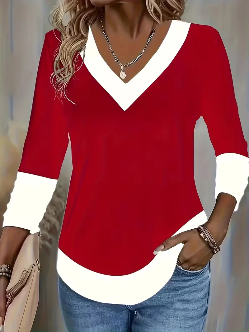 Casual Christmas V Neck Long Sleeve T-shirt