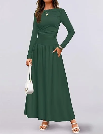 Women Plain Spring/Fall Dress Crew Neck Long Sleeve A-Line Dress