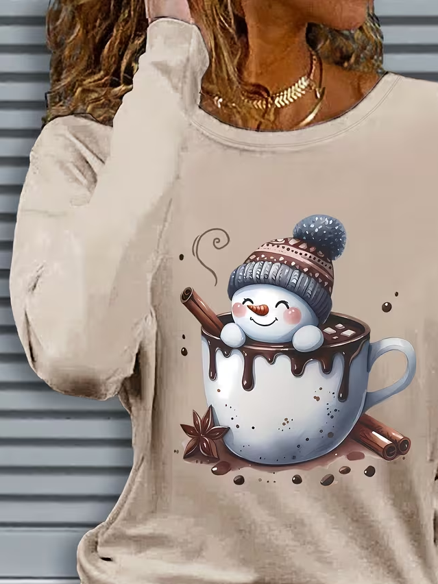 Casual Christmas Snowman Crew Neck Long Sleeve T-shirt