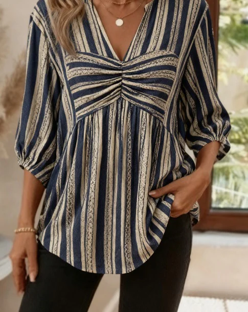 Casual Striped V Neck Half Sleeve T-shirt