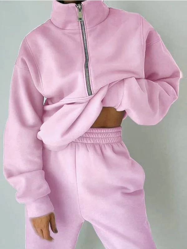 Women Plain Two-Piece Set Daily Long Sleeve Casual Spring/Fall Top With Pants Matching Set