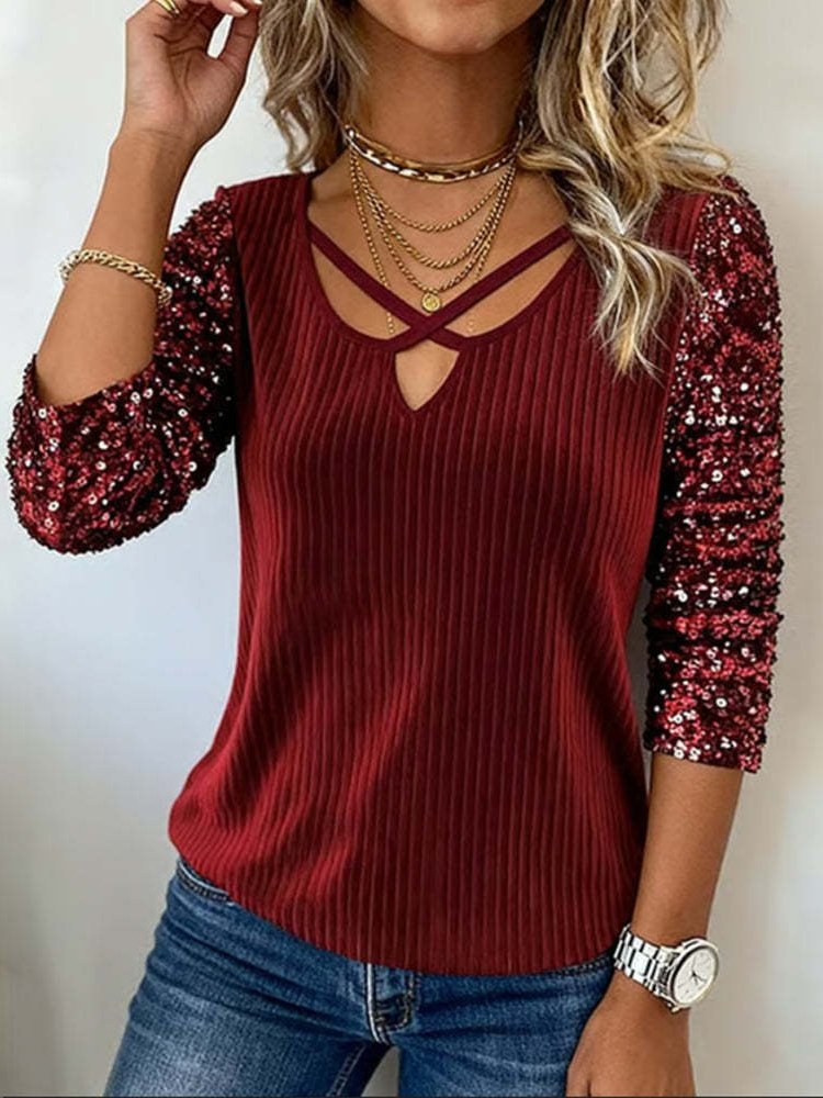 Vintage Plain V Neck Long Sleeve T-shirt