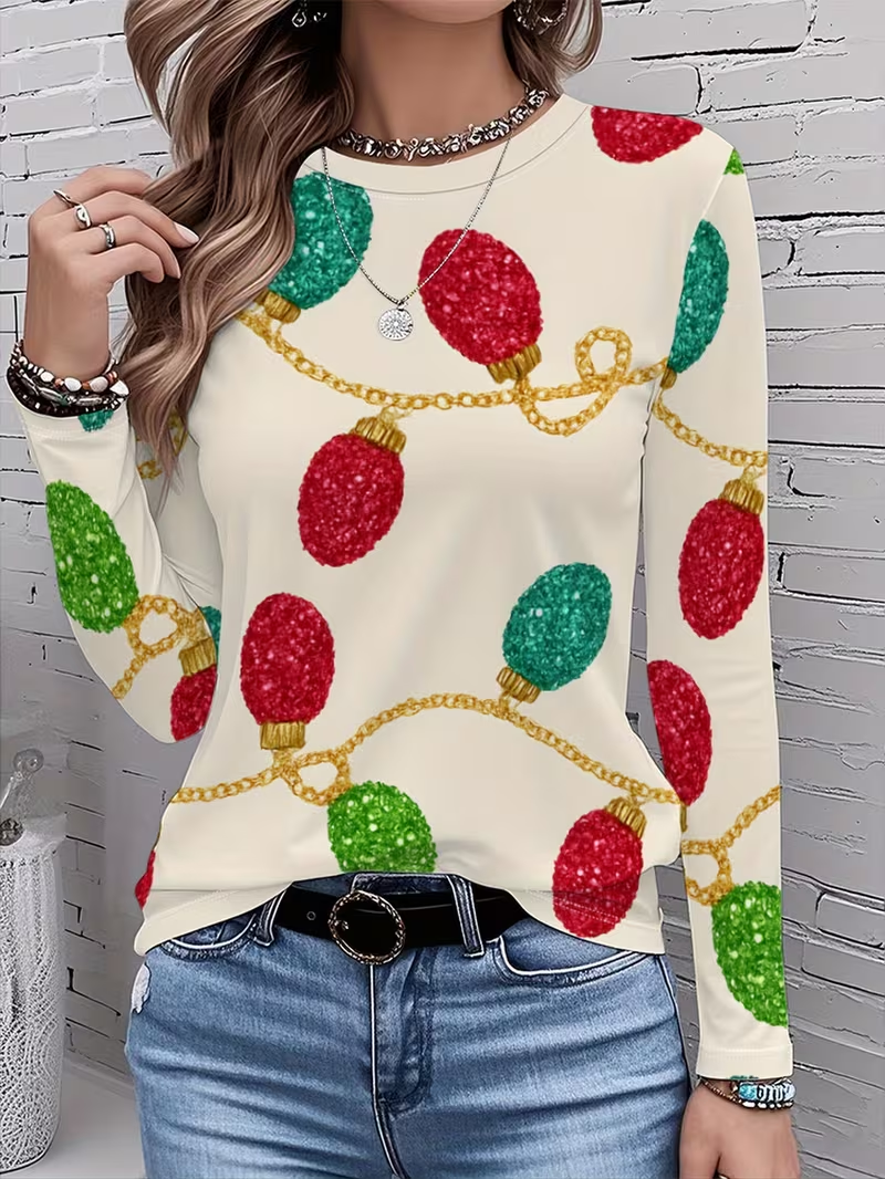 Casual Christmas Crew Neck Long Sleeve T-shirt