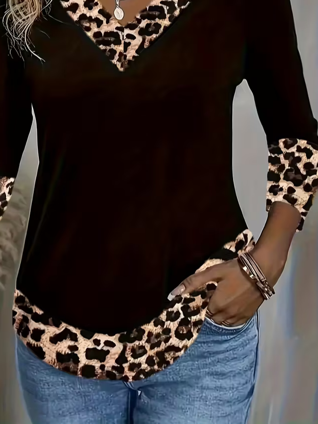 Casual Leopard V Neck Long Sleeve T-shirt