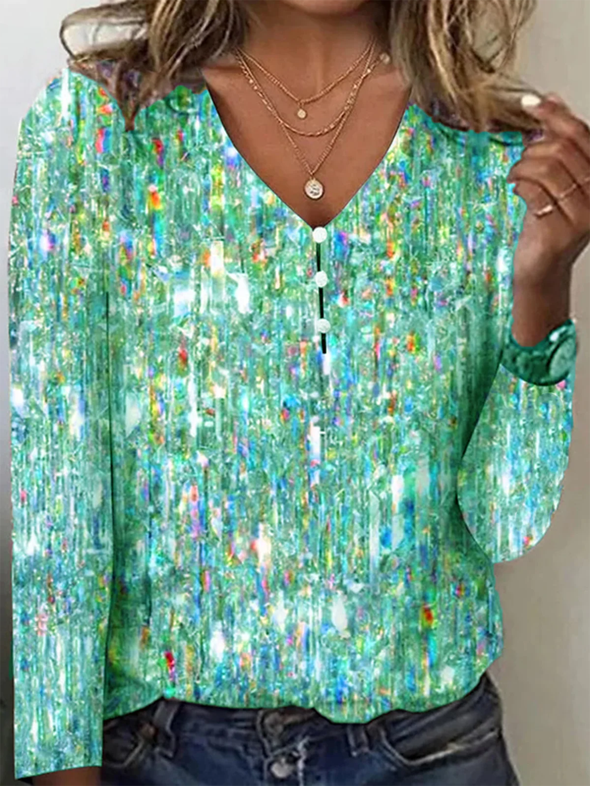 Vintage Geometric V Neck Long Sleeve T-shirt