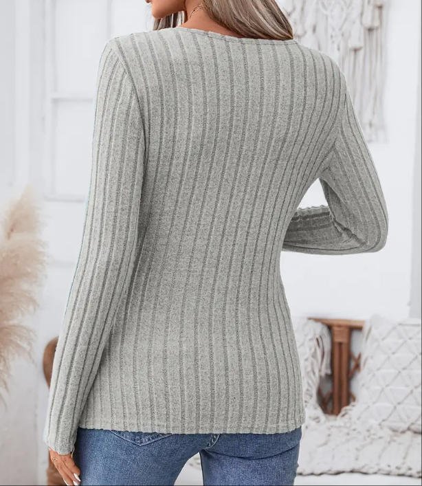 Elegant Plain V Neck Long Sleeve T-shirt
