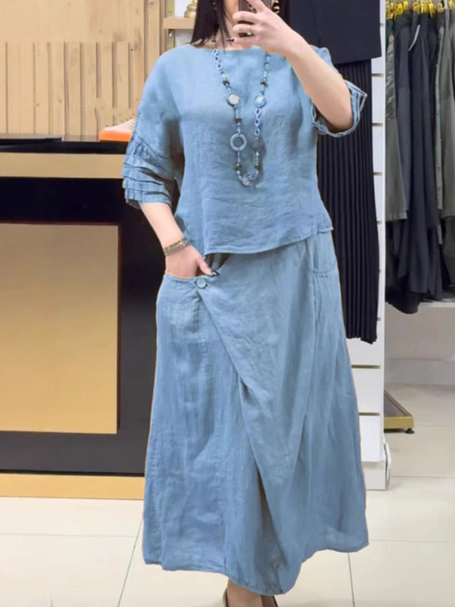 Women Plain Two-Piece Set Daily Three Quarter Sleeve Casual Spring/Fall Top With Skirt Matching Set