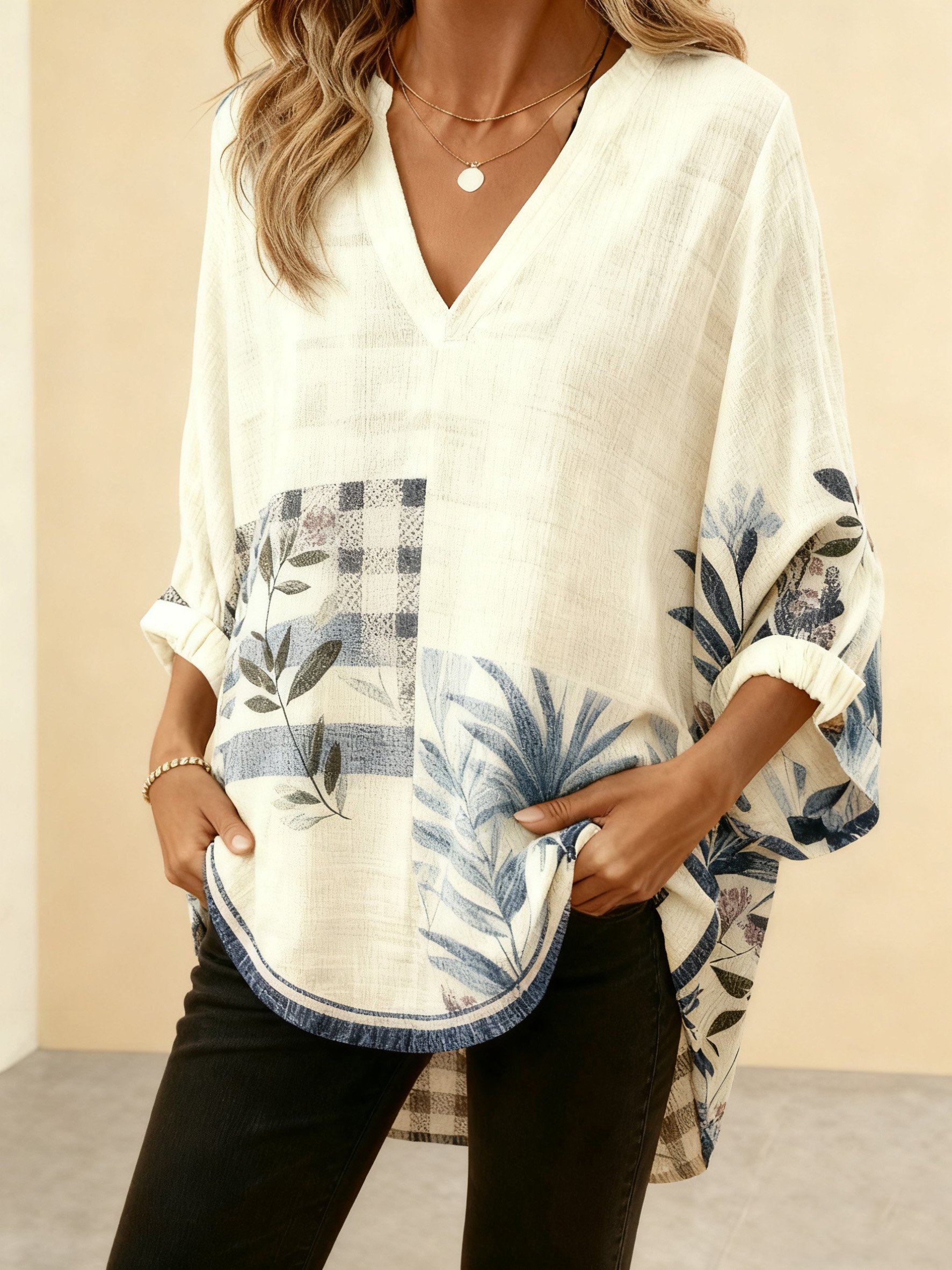 V Neck Three Quarter Sleeve Floral Regular Loose Shirt For Women