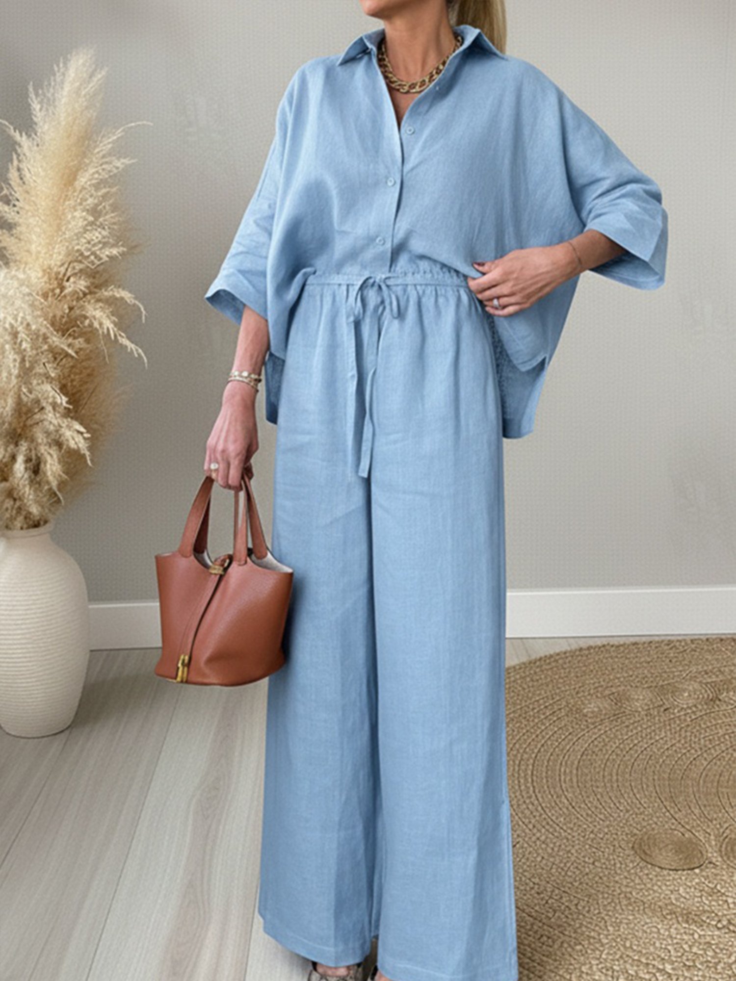 Women Plain Two-Piece Set Daily Three Quarter Sleeve Casual Spring/Fall Top With Pants Matching Set