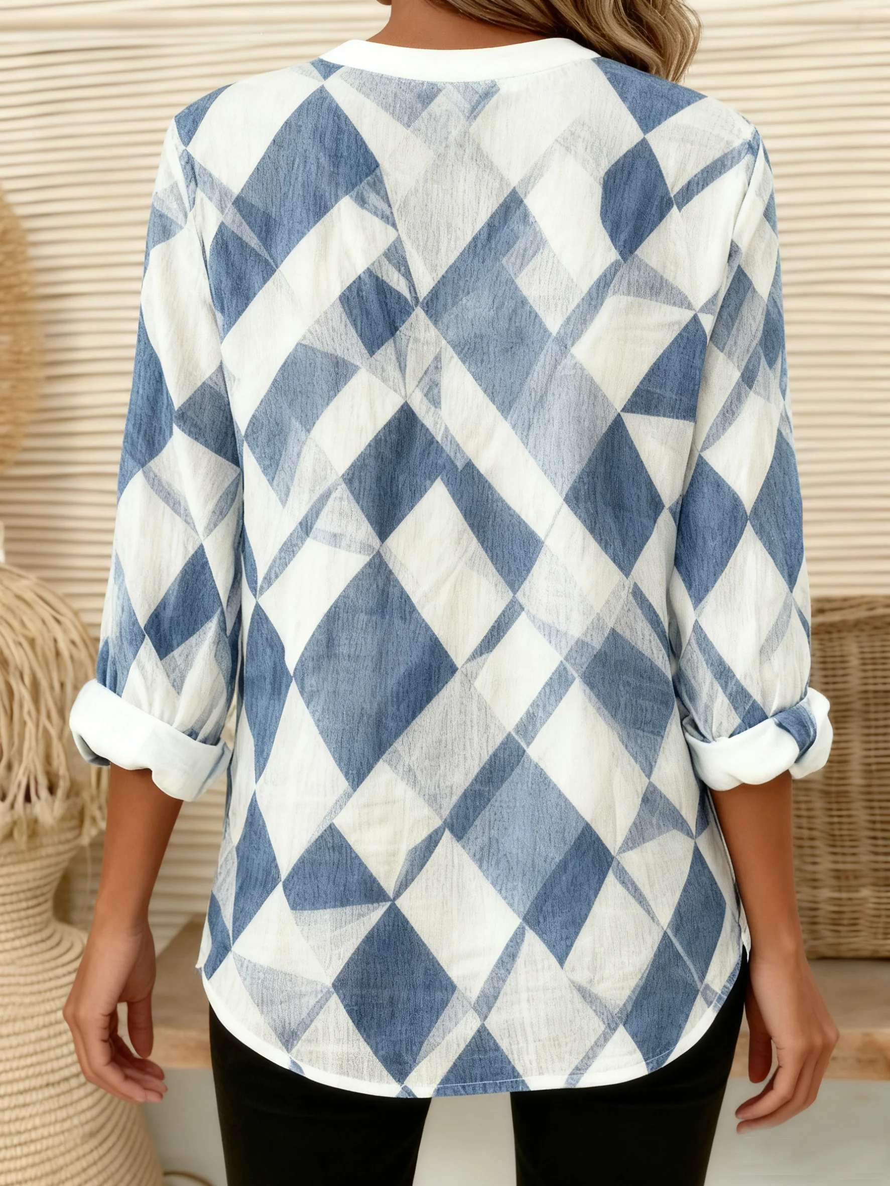V Neck Three Quarter Sleeve Geometric Regular Loose Shirt For Women