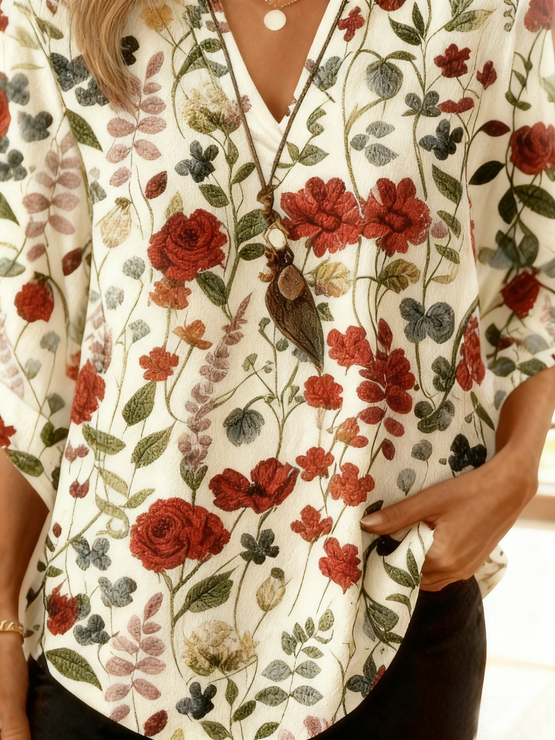 Casual Floral V Neck Three Quarter Sleeve T-shirt