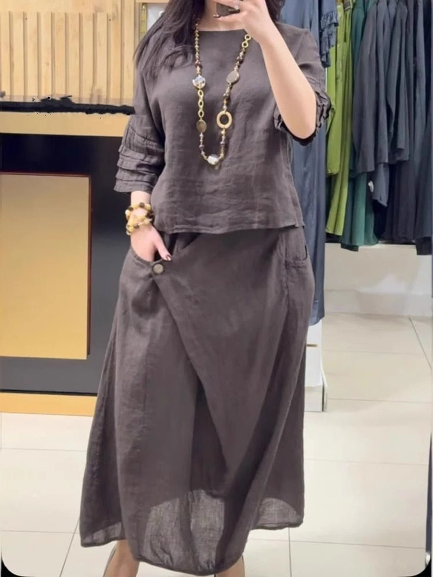 Women Plain Two-Piece Set Daily Three Quarter Sleeve Casual Spring/Fall Top With Skirt Matching Set