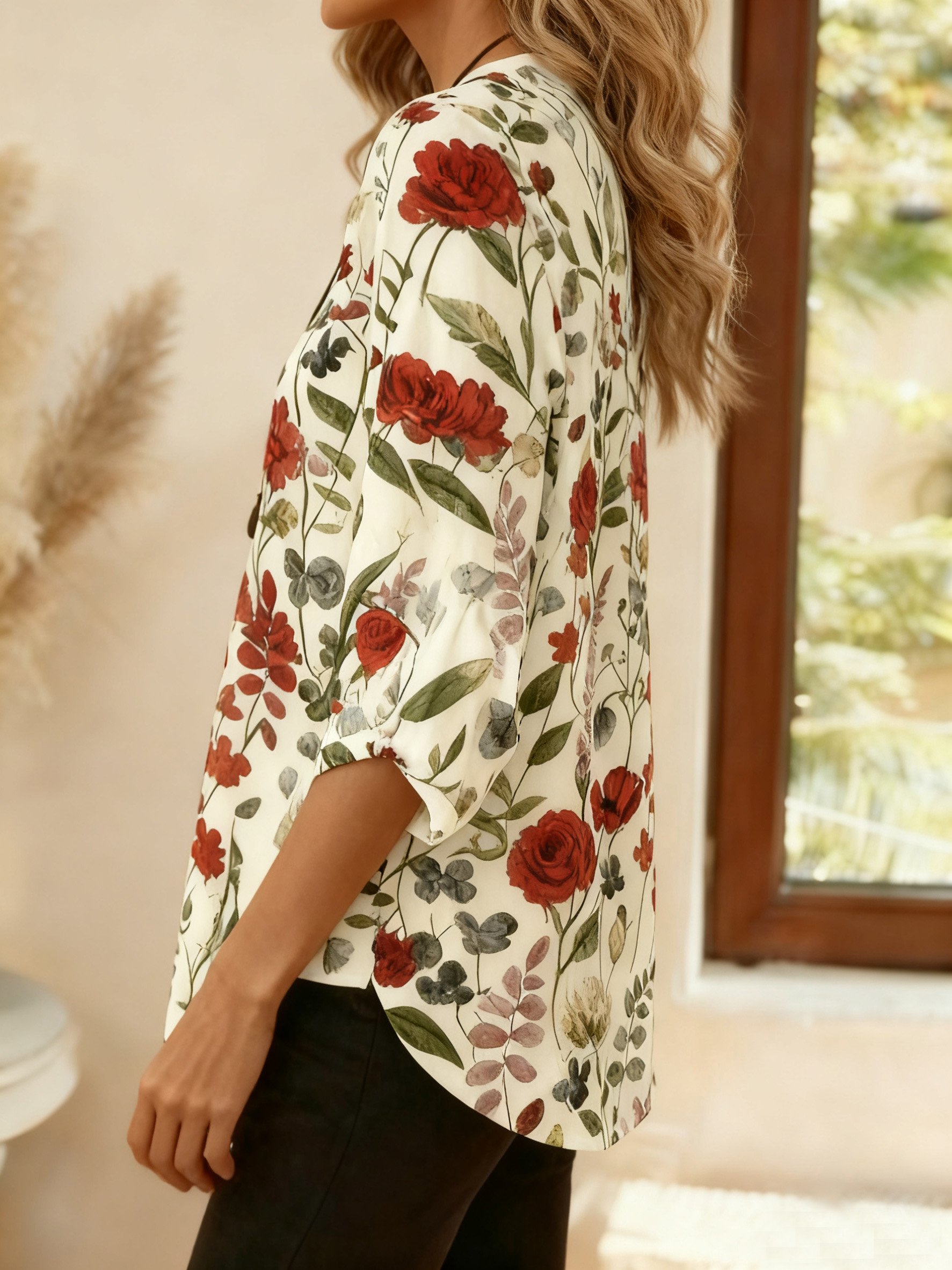 Casual Floral V Neck Three Quarter Sleeve T-shirt