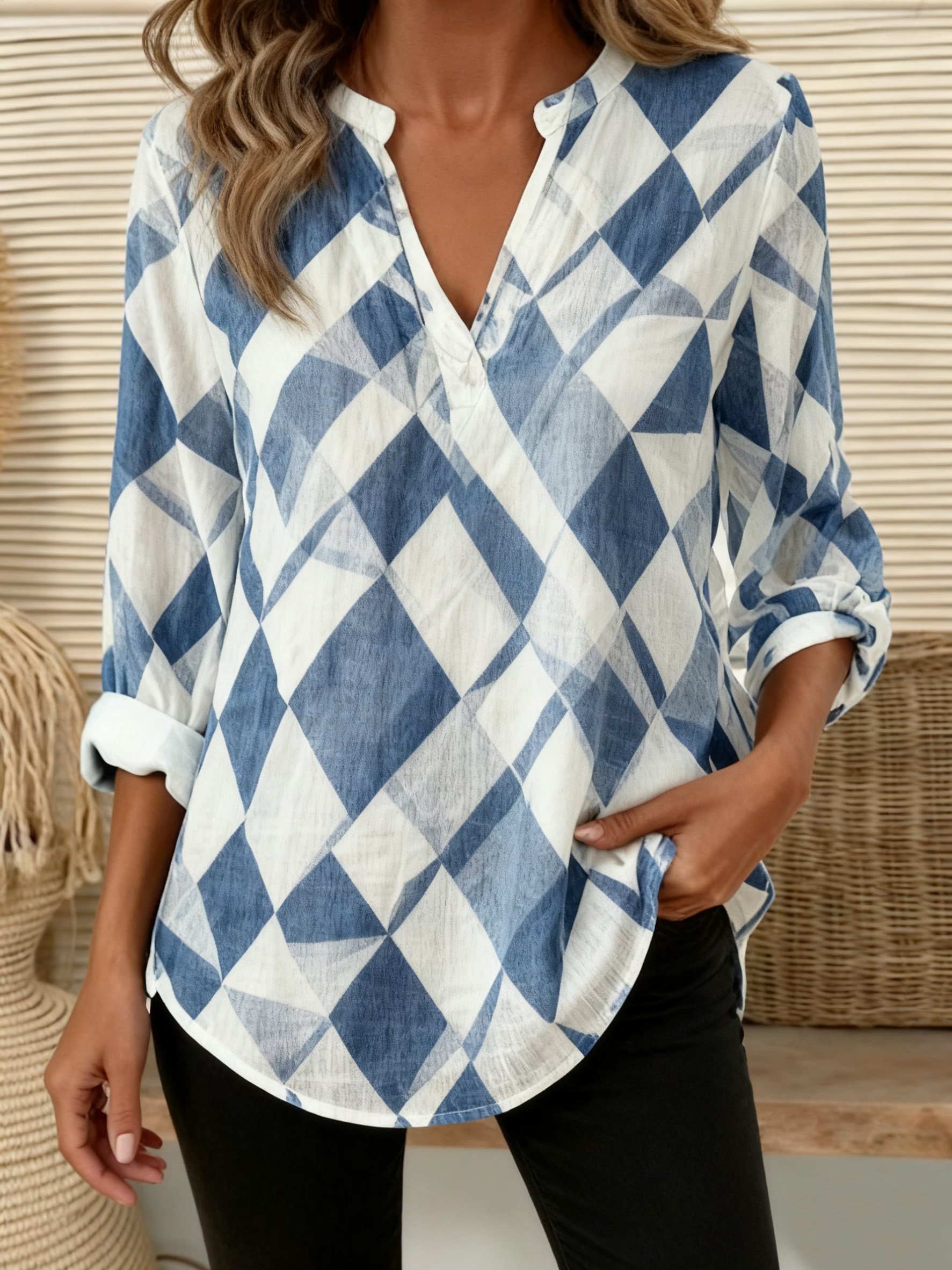 V Neck Three Quarter Sleeve Geometric Regular Loose Shirt For Women